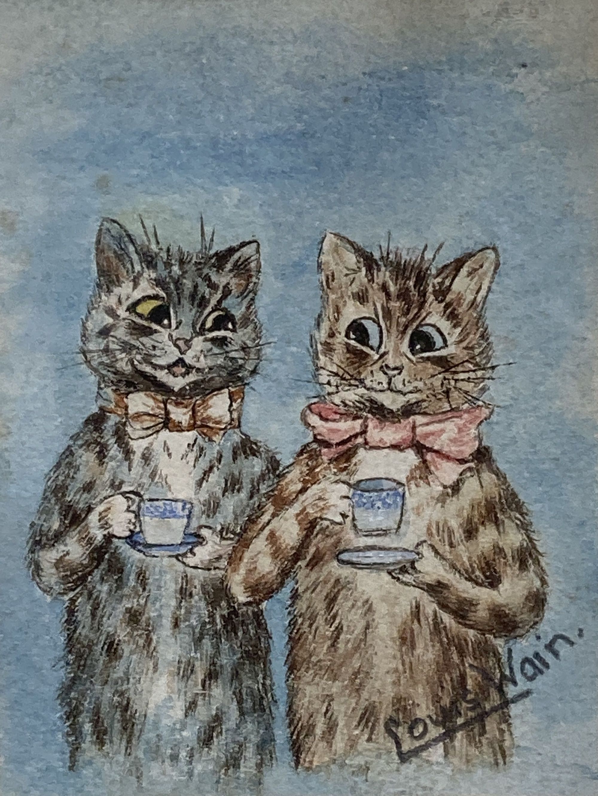 Attributed to Louis Wain (1860-1939), watercolour, Two cats drinking tea, bears signature with label verso including provenance, 11 x 8cm